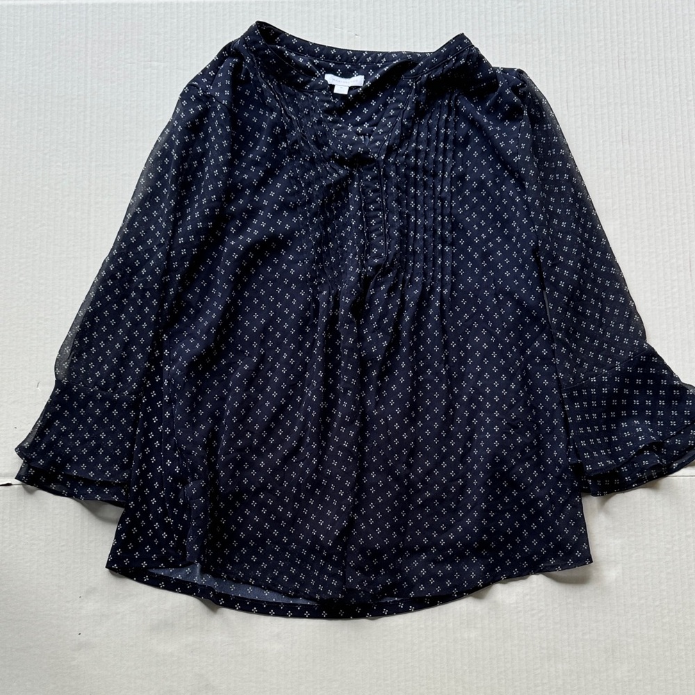 Charter Club Navy Pintuck Geometric Sheer Blouse
